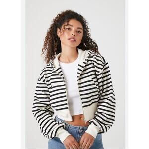 Zara Striped Full Zip Cropped Hoodie Black and White Women's Size S